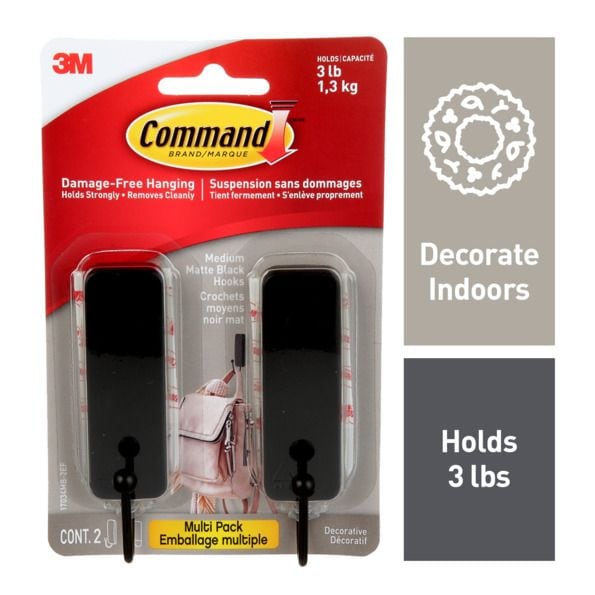 Medium Decorative Hooks with Adhesive Strips, Matte Black, 3-lbs, 2 Strips per Pack D0420