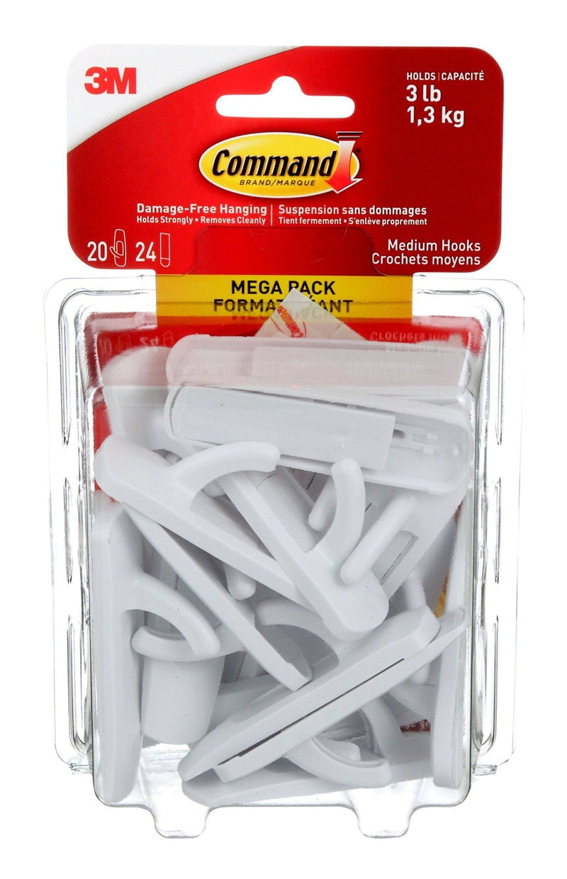 Medium Hooks Mega Pack with Adhesive Strips, White, 3-lbs, 20 Hooks/Pack O2384