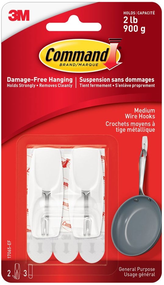 Medium Wire Toggle Hooks with Adhesive Strips, White, 2-lbs, 2 Strips per Pack M4268