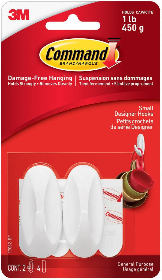 Small Designer Hooks with Adhesive Strips, White, 1-lb, 2 Strips per Pack Z2142