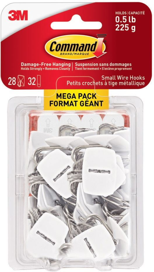 Small Utensils Wire Hooks Mega Pack with Adhesive Strips, White, 0.5-lbs, 28 Hooks/Pack