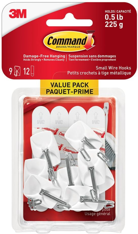 Small Wire Hooks Value Pack with Adhesive Strips, White, 0.5-lbs, 9 Strips per Pack F2703