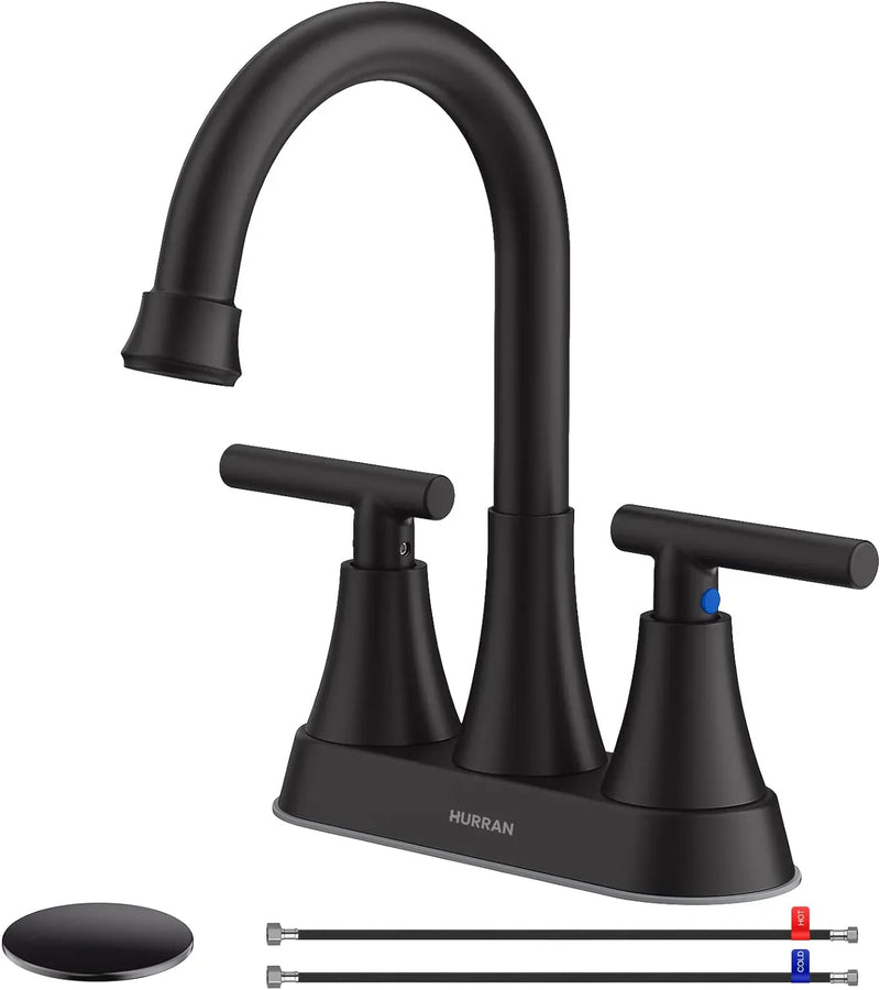 Bathroom Faucets for Sink 3 Hole, Hurran 4 inch Matte Black Bathroom Sink Faucet with Pop-up Drain D7804