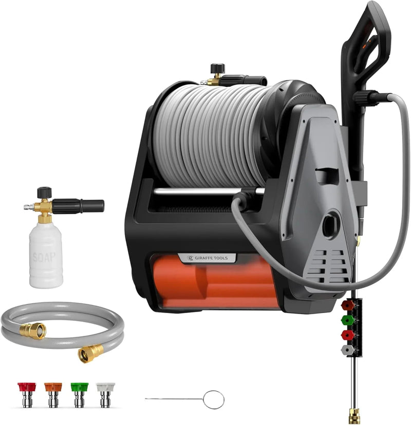 Pressure Washer Pro, Electric Wall Mount Power Washer with 100FT Retractable Pressure Hoses, 3300PSI, 1.6GPM, 4 Nozzles, Foam Cannon for Cars/Patios, Dark Silver T3347