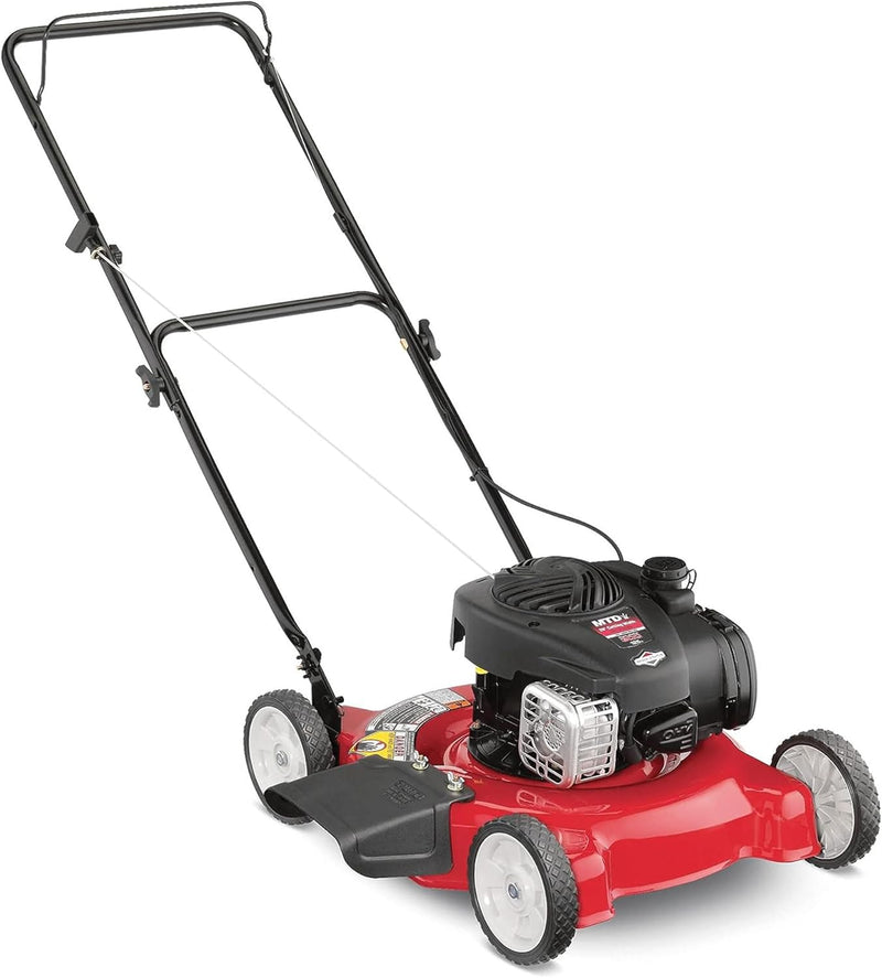 20-inch steel cutting deck, side-discharge gasoline-powered push lawn mower, with engine oil, available in red and black, suitable for outdoor yards. I1148