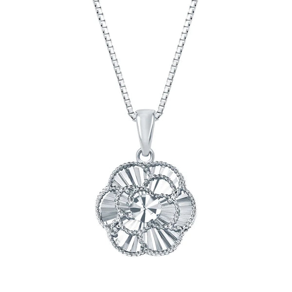 Diamond Cut Floral Pendant in White Gold T7151