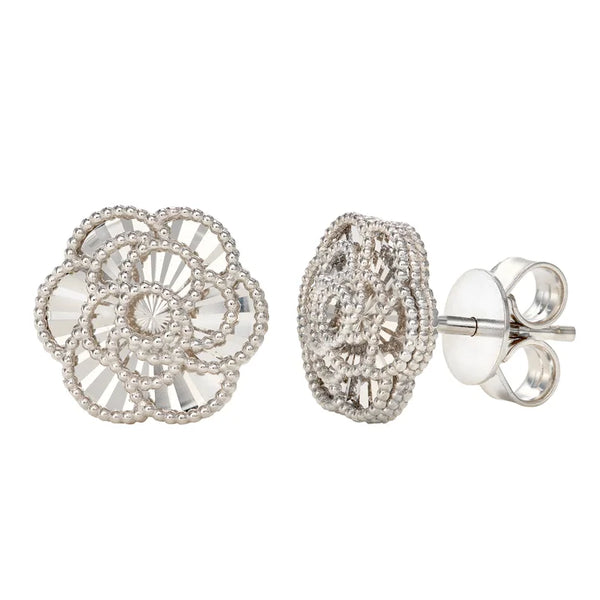 Diamond Cut Textured Flower Stud Earrings in White Gold H8285