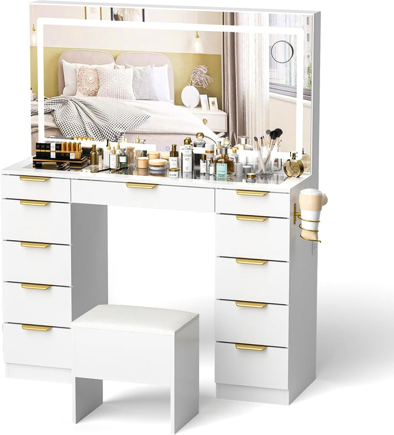 Glass Top Vanity Desk with Mirror and Lights, 11 Drawers Makeup Vanity with Golden Handles, 3 Lighting Modes Upgraded Silent Slides Vanity Desk with Bench, Portable Mirror and Power Putlet M5346