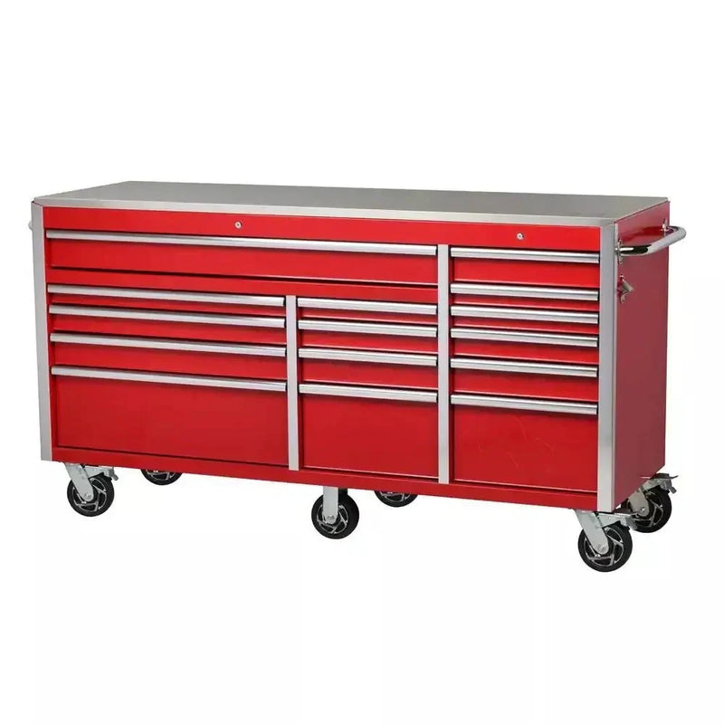 Heavy-Duty 72 in. W x 24 in. D 15-Drawer Tool Chest Mobile Workbench with Stainless Steel Top and Dual Locks in Red U9527