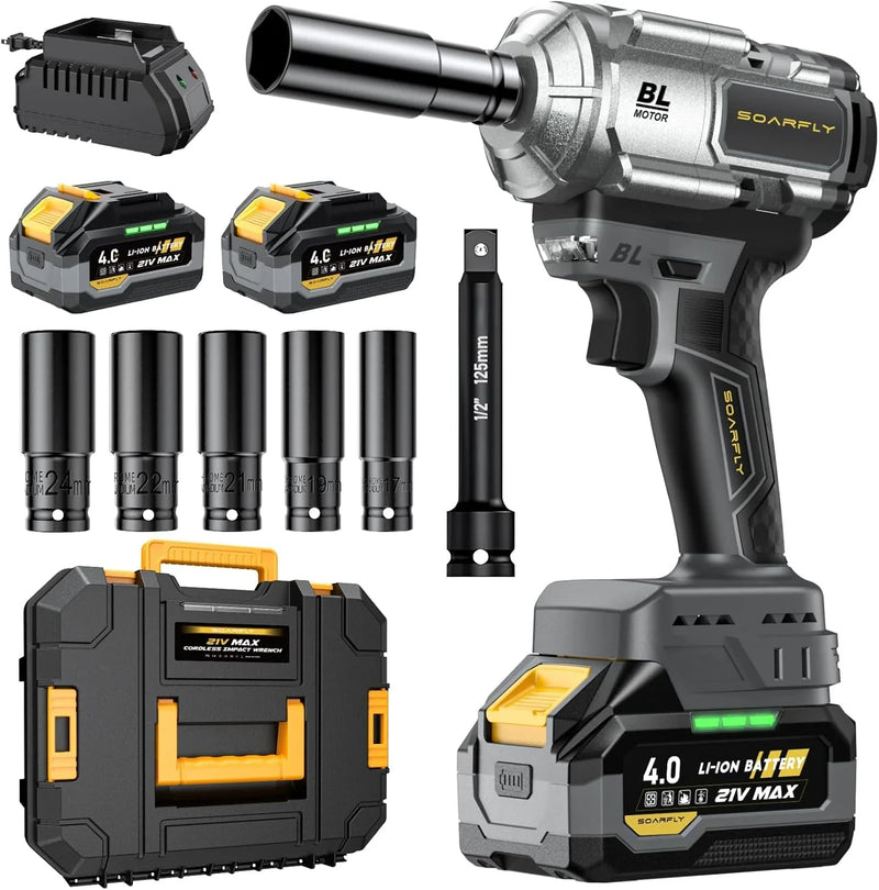 Cordless Impact Wrench, 1200Nm(900ft-lbs) High Torque 1/2'' Impact Wrench, 21V Brushless Electric Impact Gun with 2Pcs 4.0Ah Batteries, 1 Hour Fast Charger, 5 Sockets, Power Impact Driver for Car Home O3922
