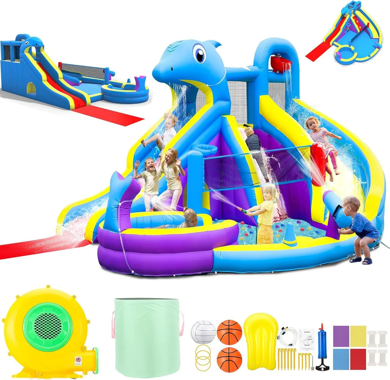 11-in-1 Inflatable Water Slide & Dolphin Bounce House w/2 Long Slides, 19.7 Ft x 13.1 Ft Extra Large Waterslide Climbing Wall w/Small Deeper Pool,Water Cannons,Hoop for Kids Backyard,550W Blower I4059