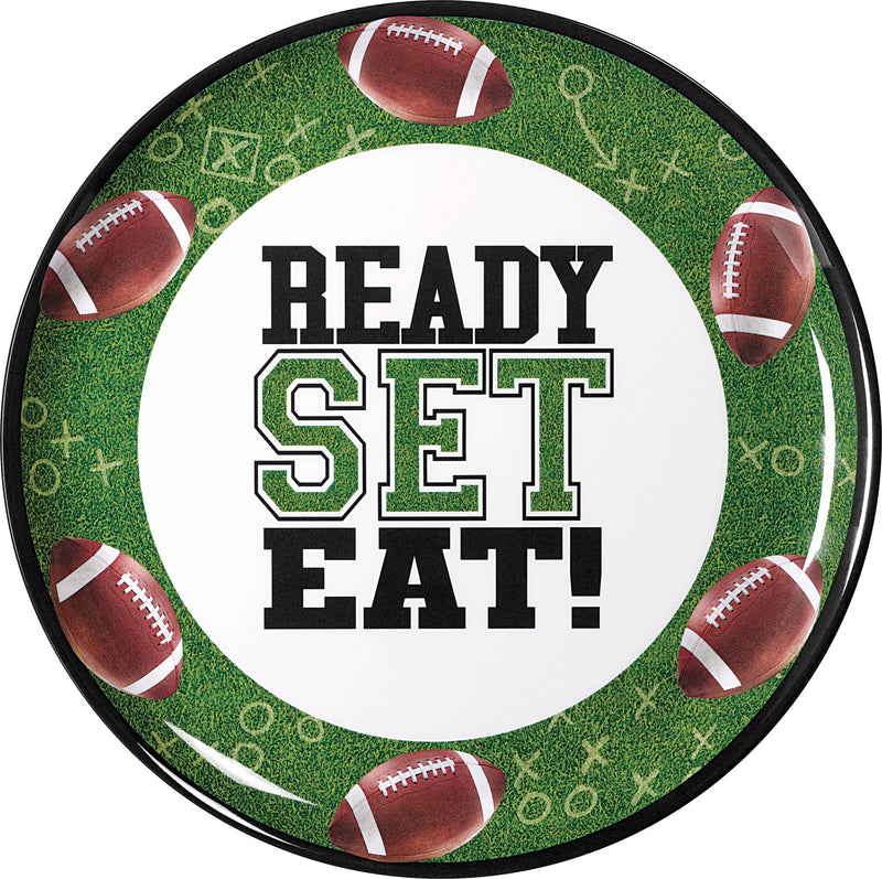Football "Ready Set Eat" Round Plastic Melamine Reusable Serving Platter, Green, 13.5-in, for Sports Party Q5995