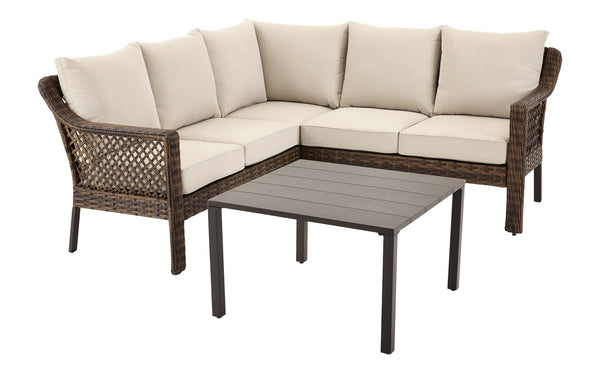 Bracebridge All-Weather Wicker Outdoor Patio Sectional with Woodgrain Steel Table Top, Brown, 3-pc C7230