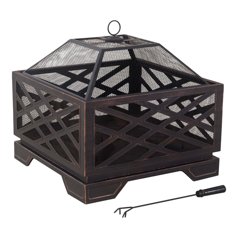 Lawrence Steel Outdoor Wood Burning Fire Pit with Fireplace Poker, 25 x 25 x 26-in B9550