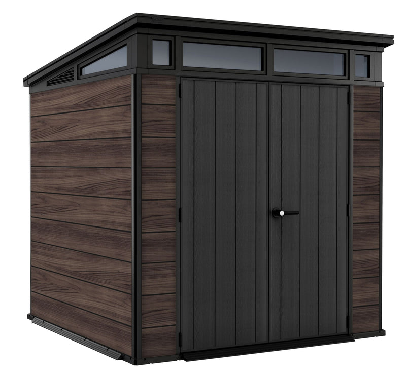 Pent Durable DecoCoat Lockable 2-Door Resin Outdoor Storage Shed with Windows, Brown, 7-ft x 7-ft M3869