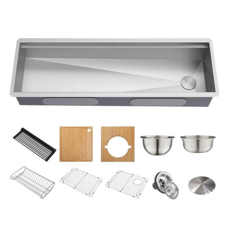 Kore 2-Tier Workstation Undermount 16-Gauge Single Bowl Kitchen Sink with 11-Piece Chef’s Kit, 57-in E2821