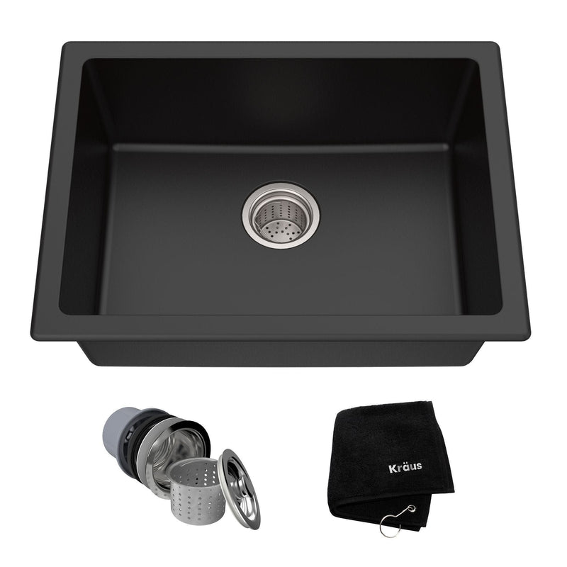 Quarza Top/Undermount Granite Single Bowl Kitchen Sink, Black Onyx, 24x18x9-in X0679