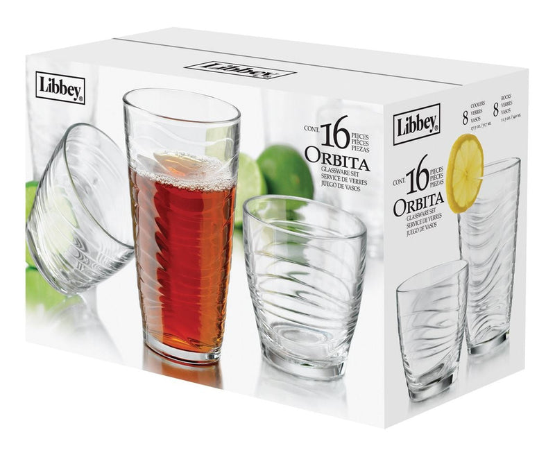 Orbita 16pc Tumbler Glassware Set, Dishwasher Safe, 8pc x 13-oz and 8pc x 18-oz J5724
