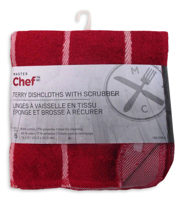 Terry Cotton Checkered Dishcloths, 12-in x 12-in, Red, with Scrubber, 6-pk F0513