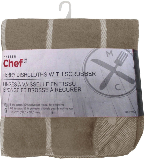 Terry Cotton Checkered Dishcloths with Scrubber, 12-in x 12-in, 6-pk, Brown Y3133