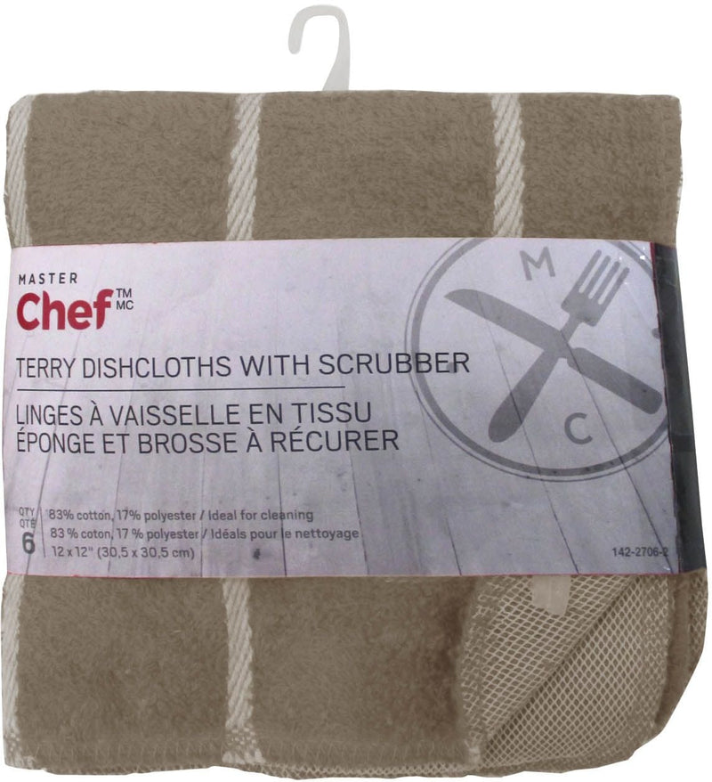 Terry Cotton Checkered Dishcloths with Scrubber, 12-in x 12-in, 6-pk, Brown Y3133