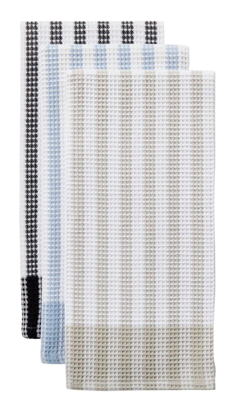 Waffle Checkered Cotton Kitchen Towels, Black/Grey/Blue, 20-in x 30-in, 6-pk E4240