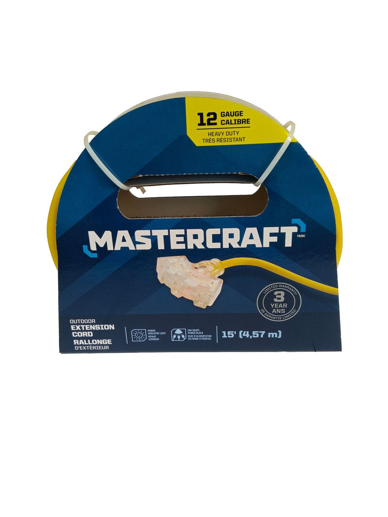 15-ft 12/3 Outdoor Extension Cord with 3 Grounded Outlets and Lighted End, Yellow Y2185