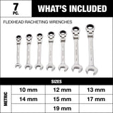 Flexhead Ratcheting Wrench Set, Alloy Steel, Metric, 7-pc