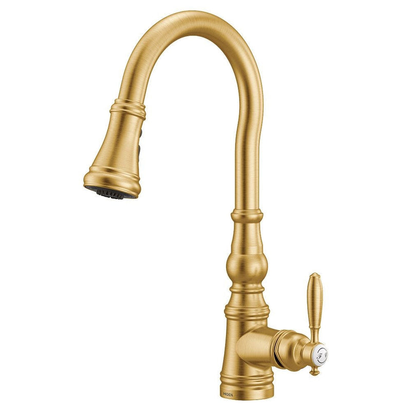 Weymouth Single Handle High Arc Pull Down Sprayer Kitchen Faucet with Power Boost, Brushed Gold Q0421