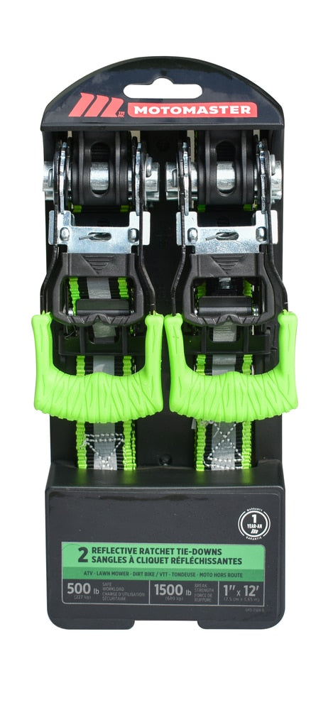 1,500-lb Reflective Ratchet Tie-Down Strap with Padded D-Handle, 1-in x 12-ft, 2-pk M8190