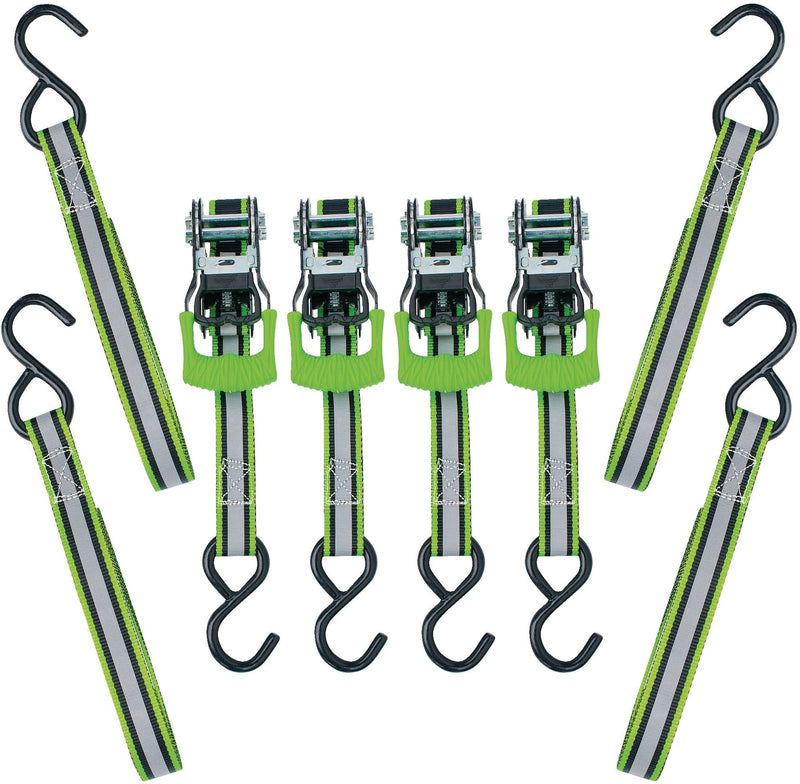 1,500-lb Reflective Ratchet Tie Down Strap, with Padded D-Handle, 1-in x 12-ft, 4-pk, Green I7266