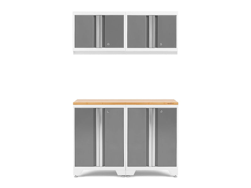 Bold 3.0 Series All-in-One Lockable Steel Garage Cabinetry Set with Bamboo Top, White/Platinum, 48-in x 18-in x 76.75-in, 5-pc E3858