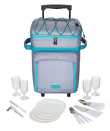Wheeled Picnic Cooler with 21-Piece Cutlery/Plate Set, 18-Can
