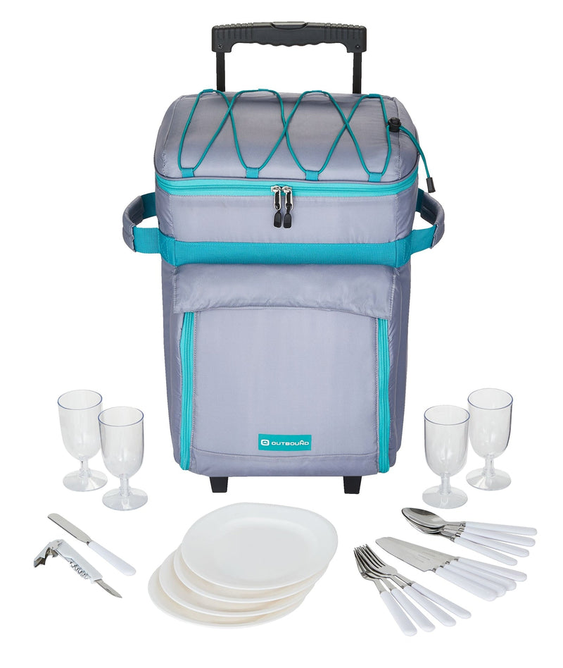 Wheeled Picnic Cooler with 21-Piece Cutlery/Plate Set, 18-Can B3755