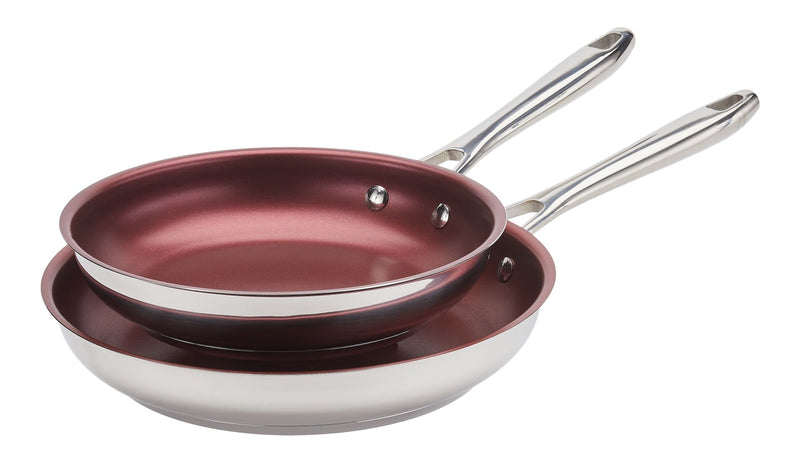 Canadian Signature Stainless Steel Non-Stick Frying Pan, Dishwasher & Oven Safe, Burgundy, 24cm & 28cm, 2-pk S4534