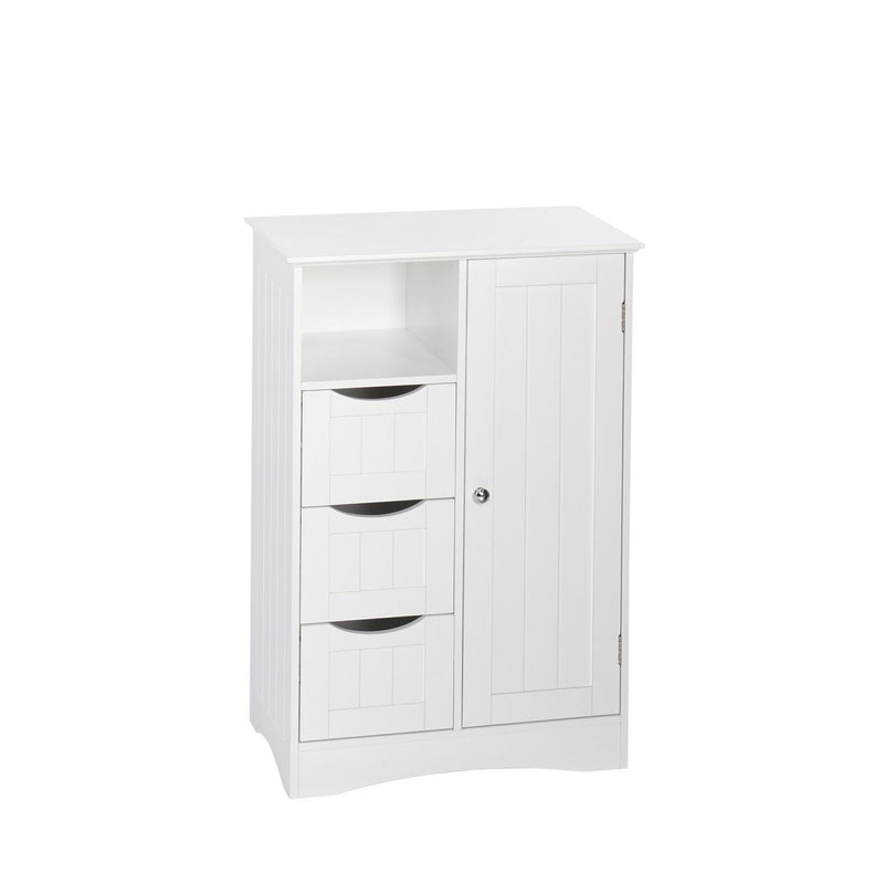Home Ashland Single Door Bathroom & Laundry Storage Cabinet with 3 Drawers, Open Cubby & Adjustable Shelf, White J5962
