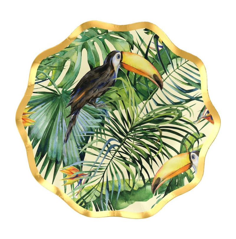 Palm Spring Round Paper Disposable Appetizer Bowls, Green/Gold, 6.5-in, 8-pk, for Summer Party K3783