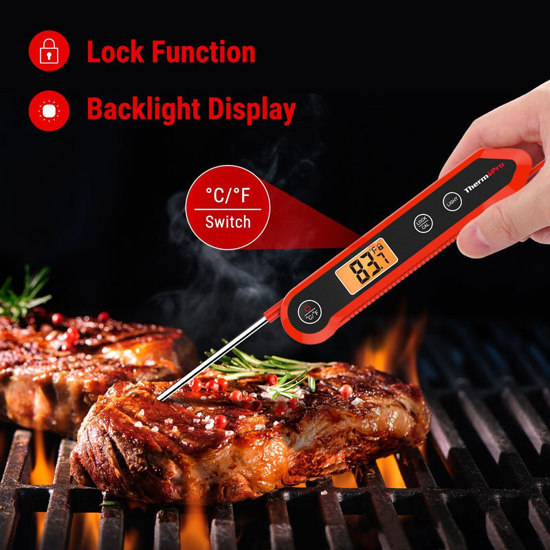 Waterproof Digital Instant-Read Folding Meat Thermometer with Swivel Probe, Black/Red E8777