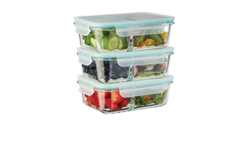 Glass Clip Food Storage Container Set with Compartments and Leakproof Lids, 3 Count Y3150
