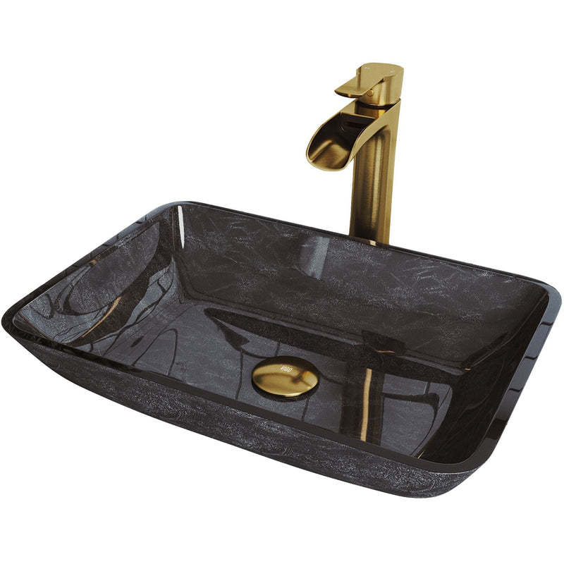 Glass Grey Onyx Bathroom Sink/Basin Set with Matte Gold Niko Faucet and Rectangular Vessel D1887