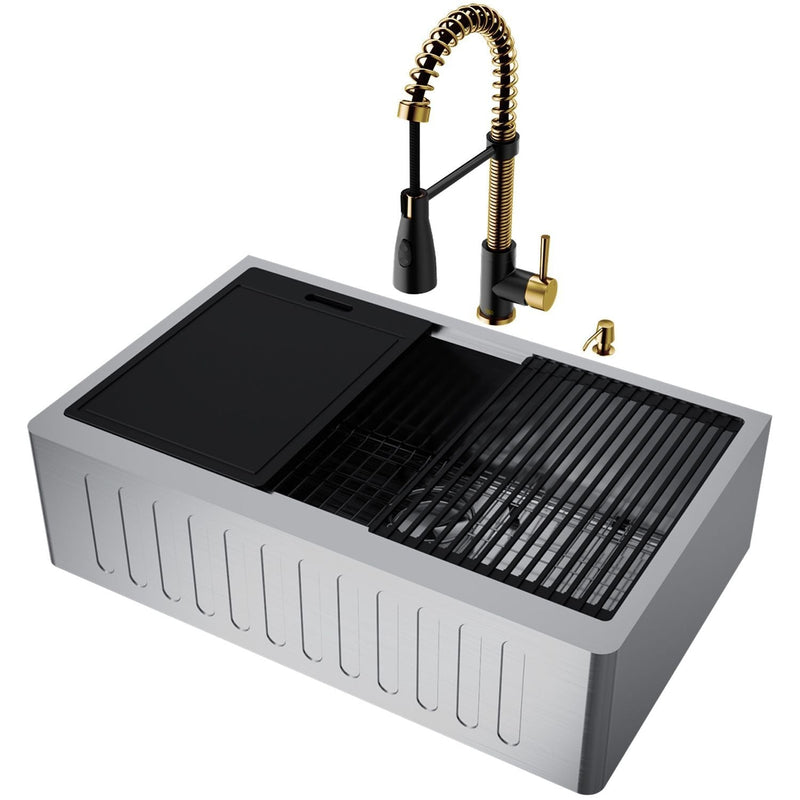 Oxford 33-in Single-Bowl Gold/Black Farmhouse Sink with Brant Faucet G4654