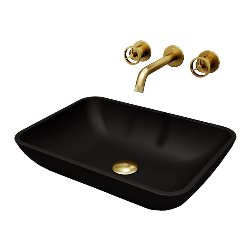 Sottile Matte Black Bathroom Sink/Basin Set with Cass Wall Mount Faucet and Glass Rectangular Vessel L5415