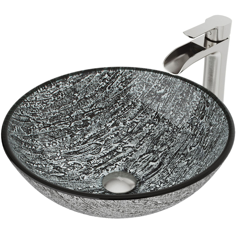 Titanium Glass Slate Grey Bathroom Sink/Basin Set with Niko Faucet and Round Vessel L0465