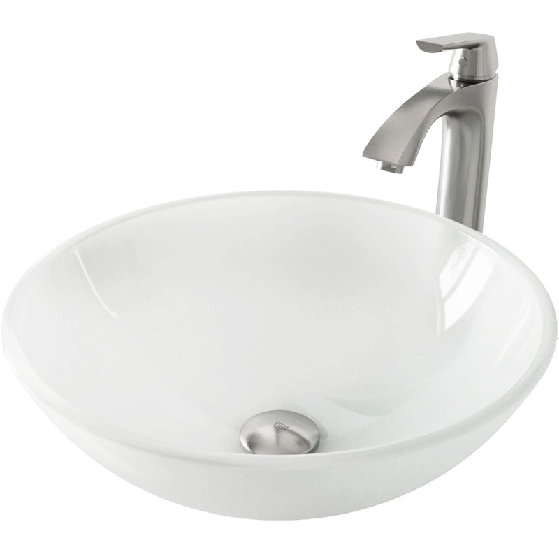 White Frost White Bathroom Sink/Basin Set with Linus Faucet and Round Glass Vessel Q3568
